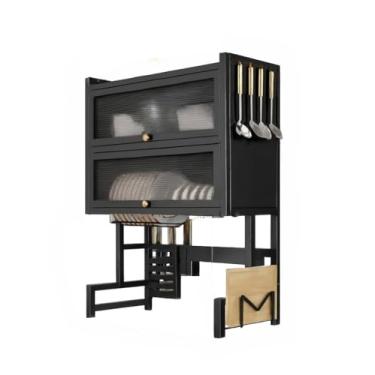 Imagem de Modular Escorredor de Louça De Pratos Suspensa Cozinha Organizador Estante de Asfalto Duplo Aço inox Com Porta Branco(85CM【Preto】2 Camadas)