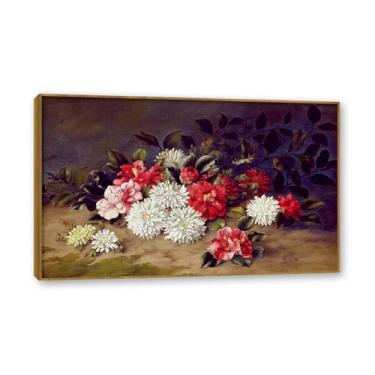 Imagem de NHLDZYH Moldura de madeira de teca. Flores clássicas natureza morta pintura em tela retro buquê de flores pinturas estilo country decoração de parede para cozinha e sala de estar. A49. 60 x 96 cm