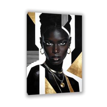 Imagem de Arte de parede de mulher negra e dourada com imagens abstratas de meninas afro-americanas, pôsteres emoldurados para casa, sala de estar, quarto, decoração de parede, moldura de 90 x 60 cm (35 x 29