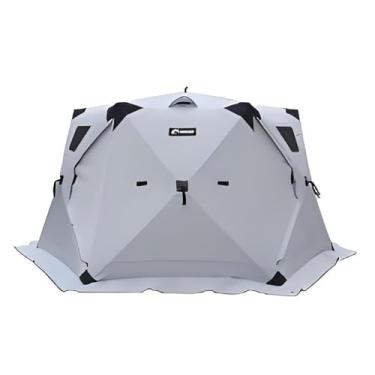 Imagem de Abrigo isolado resistente para pesca no gelo, barraca portátil grande 6 a 12 pessoas com chaminé para aquecimento, barraca de pesca de inverno, design hexagonal pop-up e fácil transporte-gray||2.2