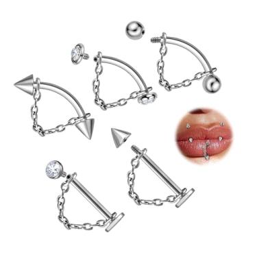 Imagem de ALACLO 5 peças de piercing labial vertical labret 16G joia tragus helix torre piercing joias com corrente labret stud cartilagem brincos para mulheres 6 mm prata