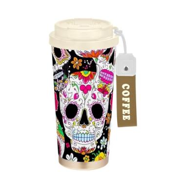 Imagem de TSENQUE Copo de café colorido com caveiras e flores, preto, 473 ml com canudo e tampa, copos de parede dupla isolados a vácuo com revestimento cerâmico para escritório, escola, festa, acampamento