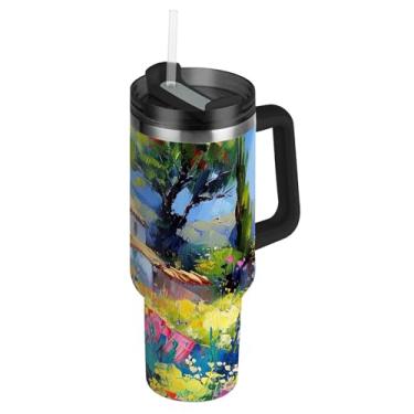 Imagem de Joisal Copos de jardim de flores coloridas com tampa e canudos, garrafa de água de aço inoxidável isolada de 1,134 g copo com alça grande garrafa de água cabe no copo do carro