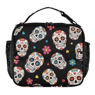 Imagem de Lancheira floral preta com caveiras de açúcar para mulheres, meninas, lancheira masculina para trabalho, animal, bolsa térmica térmica para meninos