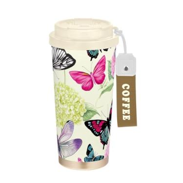 Imagem de TSENQUE Caneca de café de viagem de 473 ml com tampa de canudo e filp, canecas de café de parede dupla isoladas a vácuo com revestimento cerâmico, borboleta libélula hortênsia
