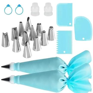 Imagem de Conjunto de 21 sacos de confeitar e pontas com 12 pontas de cobertura de aço inoxidável, 2 sacos de confeitar reutilizáveis, 2 acopladores, 3 raspadores e 2 anéis de silicone, kit de ferramentas de