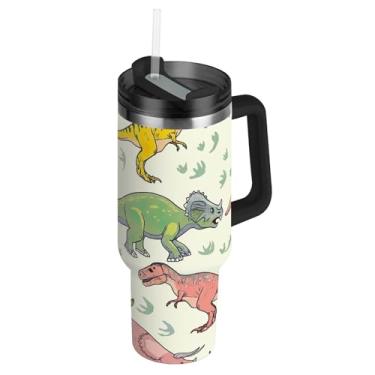 Imagem de Dinossauros Divertidos Estilo Artístico Copos com Tampa e Canudos Rosa Bonito Copo de 850 g com Alça Garrafas de Água Isoladas Aço Inoxidável Caneca de Café Quente para Carro