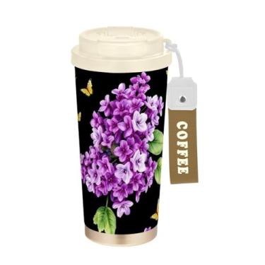Imagem de TSENQUE Aquarela borboletas lilases roxas, caneca de café de 473 ml, copo com canudo e tampa de filp, copos de parede dupla isolados a vácuo com revestimento cerâmico para escritório, escola, festa