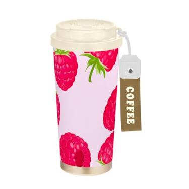 Imagem de TSENQUE Copo de café de 473 ml com canudo e tampa, revestimento cerâmico, isolamento a vácuo, caneca de café de aço inoxidável, à prova de vazamento, framboesas rosa vibrantes, frutas