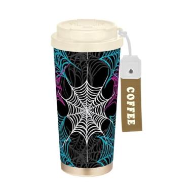 Imagem de TSENQUE Copo de café de 473 ml com canudo e tampa de enchimento, caneca de café de aço inoxidável isolada a vácuo à prova de vazamento, branco azul roxo teias preto