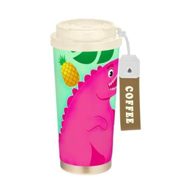 Imagem de TSENQUE Caneca de café de viagem 40 ml com revestimento cerâmico, copo de café de aço inoxidável com tampa e canudo, copo isolado a vácuo, lindos dinossauros rosa folhas verdes