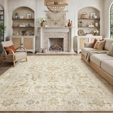 Imagem de PureCozy Tapete bege 20 x 25 cm, vintage, lavável, sala de estar, boho, antiderrapante, quarto, interior, escritório, pilha baixa, grande, tradicional, envelhecido, retrô, para sala de jantar