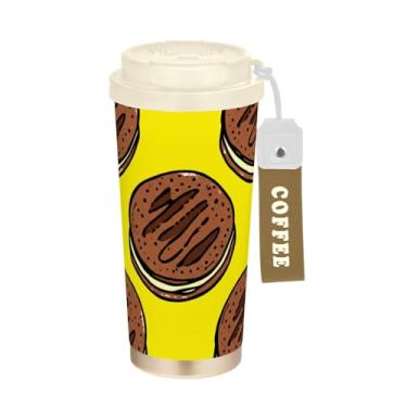 Imagem de TSENQUE Caneca de café de viagem de 473 ml, copo de café com revestimento cerâmico com tampa e canudo, copo isolado a vácuo de aço inoxidável, desenho amarelo de biscoitos de chocolate