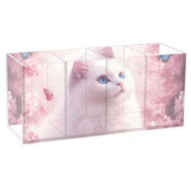 Imagem de TSENQUE Ragdoll Porta-lápis rosa flor de cerejeira fofo para mesa de acrílico suporte de pincel personalizado para caneta, copo organizador de escritório para decoração de mesa, 20 cm x 6,3 cm x 9 cm