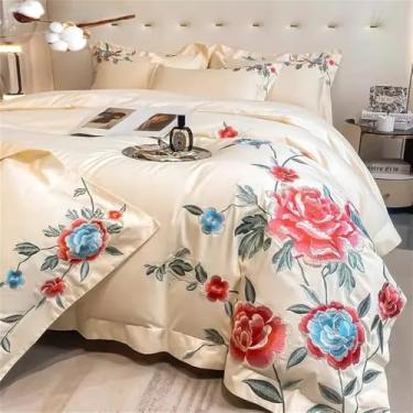 Imagem de Conjunto de cama de algodão com bordado de peônias, capa de edredom, lençol e fronhas para casamento, têxteis para o lar, bege, lençol de baixo com elástico, 1,8 MB