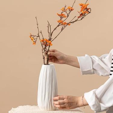 Imagem de Vaso de cerâmica branca com textura de madeira e linhas verticais – Vaso de flores exclusivo de 23,5 cm para grama-dos-pampas e centros de mesa, vaso decorativo de casa de fazenda/boho para sala de