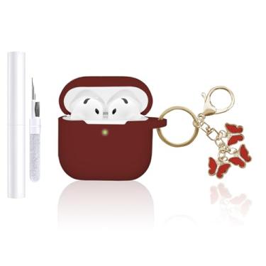 Imagem de AZGYIAI Capa compatível com Apple AirPods 4ª geração (2024), capa de silicone macio para AirPods 4 com chaveiro borboleta e kit de limpeza para meninas e mulheres (Borgonha)