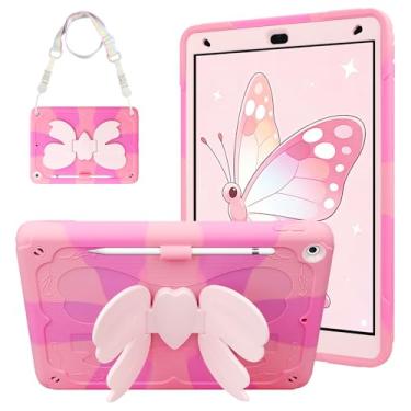 Imagem de DJWOM Capa para iPad 9ª 8ª geração de 10,2 polegadas com alça de ombro e suporte de borboleta e suporte de lápis, capa protetora à prova de choque para iPad 9ª/8ª/7ª geração (2021/2020/2019) crianças