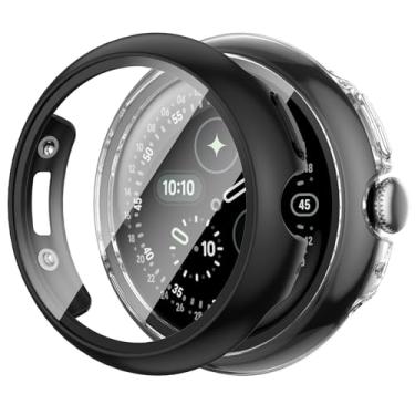 Imagem de JZK Pacote com 2 capas com protetor de tela compatível com Google Pixel Watch 4 (2025) 45 mm, capa protetora fina de alta sensibilidade com vidro temperado para Pixel Watch 4, preto + transparente