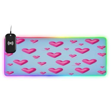 Imagem de CEBUGI Mouse pad de carregamento sem fio Hearts 15 W rápido para jogos com iluminação LED 14 RGB para jogos, PC, laptop, mesa 80 x 30 cm
