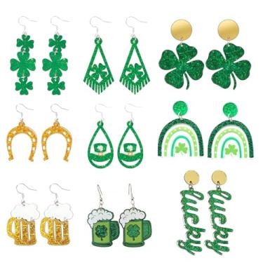 Imagem de 9 pares de brincos femininos do Dia de São Patrício – Conjunto de joias com pingente de trevo verde, presente de feriado para festa de carnaval, acessório de desfile