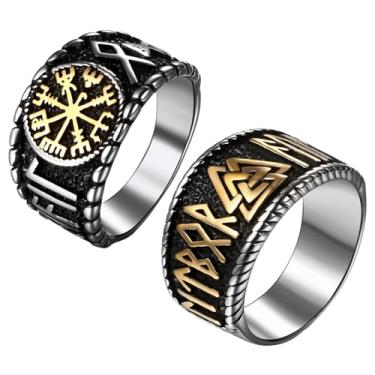 Imagem de Rofusn Anéis de nó de bússola Valknut Odin: 2 peças anéis masculinos de aço inoxidável nórdico runa nórdica com sinete para presentes de Natal, aniversário, tamanho 8-13, Metal, Sem pedra preciosa