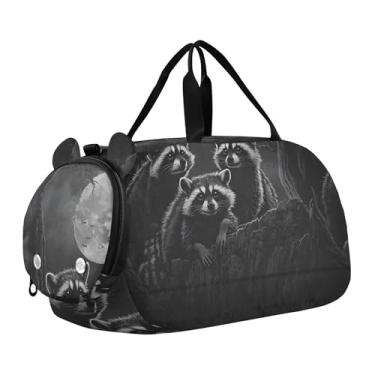 Imagem de Bolsa esportiva de viagem para meninos, burro, desenho animado, cavalo, durante a noite, para o fim de semana, bolsas de viagem, bolsa esportiva de dança, Mystical Raccoons Moon Black, Clássico