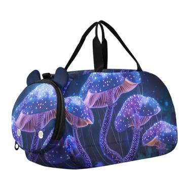 Imagem de Bolsa esportiva para meninos Highland Cow Pink Glasses Overnight Weekender Bolsa de viagem para meninas, cogumelos psicodélicos roxos 1, Clássico