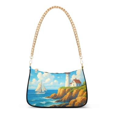 Imagem de Bolsa de ombro com corrente marinha azul farol aquarela, bolsa feminina artística, bolsa clutch Hobo versátil