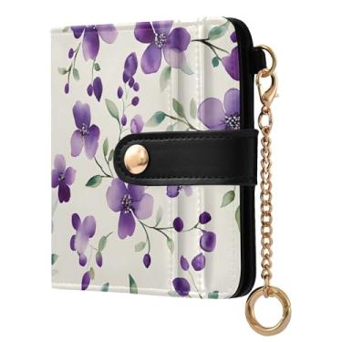 Imagem de SEHANY Carteira feminina elegante com flores roxas com bloqueio de RFID, compacto, porta-cartão de crédito de couro PU, dobrável para moedas, carteiras para mulheres e adolescentes