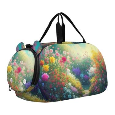 Imagem de Bolsa esportiva escocesa Highland com flores de vaca para meninas, bolsa de viagem noturna, compartimento de sapatos para meninos, Jardim de flores coloridas vibrantes, Clássico
