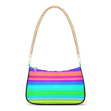 Imagem de Bolsa de ombro com corrente de ombro com listras de arco-íris, bolsa feminina Hobo média, bolsa clutch colorida moderna para uso diário e festa