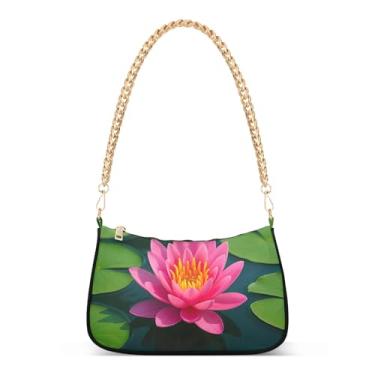 Imagem de Bolsa de ombro rosa com corrente de lírio de água, bolsa feminina Hobo, bolsa clutch com estampa floral artística para uso diário e noturno