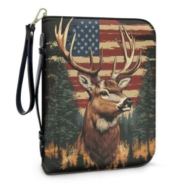 Imagem de QOPECUOY Capa Bíblica de Rena Bandeira Americana para Homens Vintage Rena Bolsa Bíblica Tamanho Grande Suporte de Bíblia de Couro com Alça e Alça de Pulso Leve Livro Bíblico Sacola Tote para Mulheres