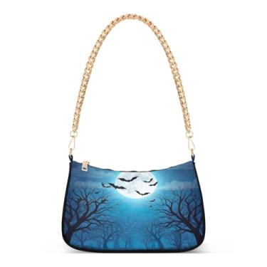 Imagem de Spooky Halloween Bats Bolsa de corrente de ombro azul, bolsa feminina, bolsa clutch Hobo para todos os dias e festas