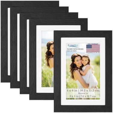 Imagem de Icona Bay - Molduras para fotos 10 x 15 cm com tapete removível para fotos de 7 x 12 cm - bálsamo preto, pacote com 5 - estilo moderno de grão de madeira com folha de capa à prova de estilhaçamento