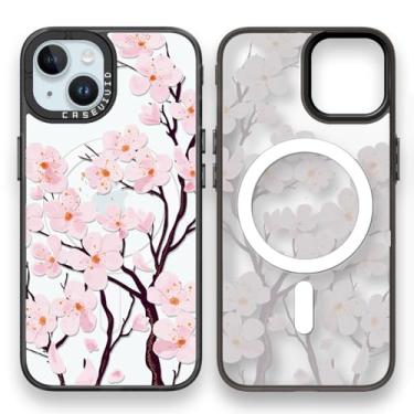 Imagem de casevivid Capa Magnética para iPhone 15 Magsafe Estética Fofa - Capa de Telemóvel Divertida Moda Durável - Estampa de Flor de Cerejeira Feminina Design de Capa para Mulher Menina 15,5 cm Preto