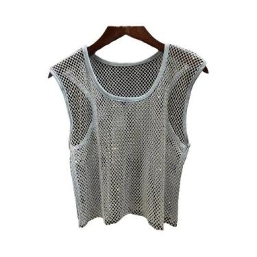 Imagem de Top Feminino Slim Fit Com Cristais Em Malha, Decote Redondo, Colete Cu