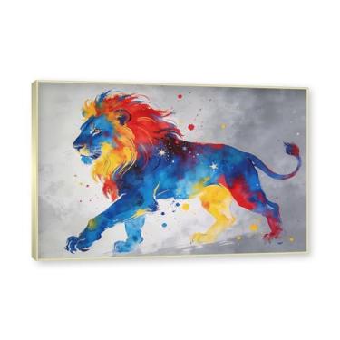 Imagem de NHLDZYH Moldura dourada. Pintura salpicada de leão pintura em tela abstrata arte animal mural vívido chama a atenção para sala de estar decoração moderna para casa. A66. 70 x 105 cm.