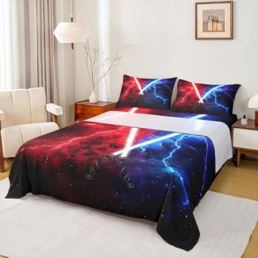 Imagem de Erosebridal Jogo de lençol King com sabre de luz, relâmpago, galáxia, para decoração de quarto de crianças, meninos, meninas, adolescentes, céu estrelado, com 2 fronhas, vermelho e azul