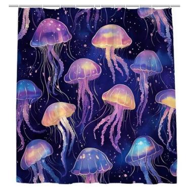 Imagem de Cortina de chuveiro água-viva náutica verão oceano vida animal praia mar fresco litoral moderno cores minimalistas arte oceano impressão estilo tema marinho decoração de banheiro cortinas 178 x 178 cm