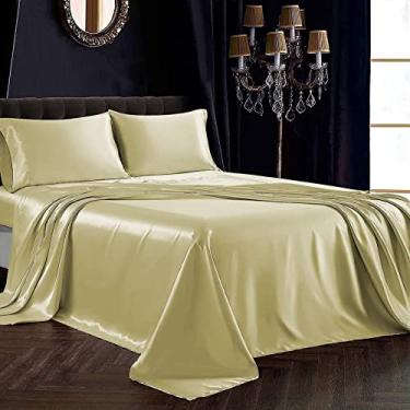 Imagem de PURE ECO Jogo de cama casal de seda de amoreira - Jogo de cama de 4 peças - Bolso de 40,6 cm - Lençóis de cama e fronhas luxuosos, amigo da pele e respirável - Charmeuse Silk para cuidados com o