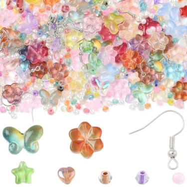 Imagem de Echoed Elegance Kit de fabricação de brincos de pulseira, contas de vidro requintadas de cores mistas (estrela/coração/borboleta) com ganchos de ferro e fio elástico de cristal