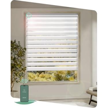 Imagem de Yoolax Persianas zebra motorizadas, persianas zebra remotas para janelas internas, persianas motorizadas com controle remoto de luz horizontal (80% sombreamento branco, 56 cm x 183 cm)