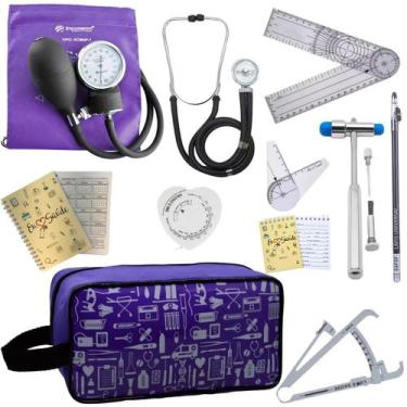Imagem de Kit Fisioterapia Necessaire Estampada Goniometro Martelo Buck Fita Imc
