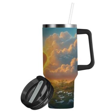 Imagem de ATTX Copo de nuvem de coração de 850 g com alça, copo de aço inoxidável a vácuo de parede dupla com palha, caneca de café de viagem isolada #174