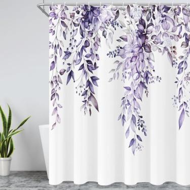 Imagem de YiarTaan Cortina de chuveiro roxa de eucalipto para banheiro, aquarela, roxo, plantas de eucalipto, folhas com decoração floral para banheiro, tecido impermeável, conjunto de cortinas de chuveiro