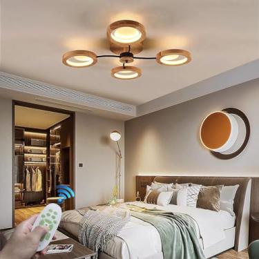 Imagem de Luminária de teto nórdica LED de madeira, estilo lustre moderno e simples para sala de estar grande, restaurante, iluminação criativa, luminária dimerizável para quarto com controle remoto,