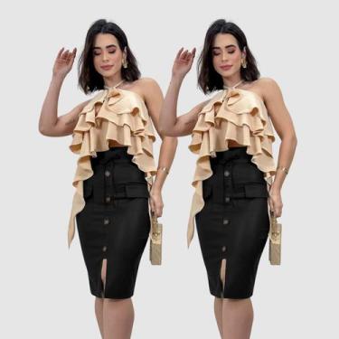 Imagem de Kit 2 Saia Feminina Midi material ecológico Fenda Tendência - SWISS BO