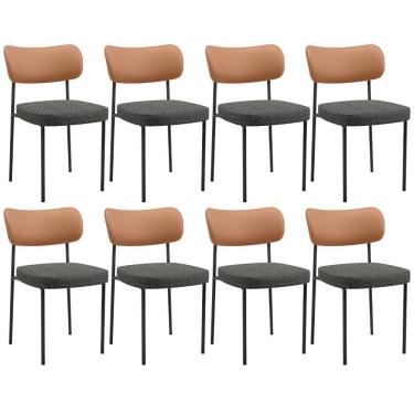Imagem de Kit 08 Cadeiras Decorativa Estofada Para Sala De Jantar Melina L02 Couríssimo Mocca Linho Mescla Chumbo - Lyam Decor